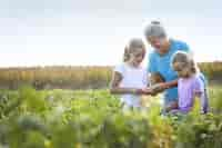 Abuela y nietos compartiendo en el campo